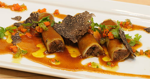 Potato Wrapped Cannelloni of Beef Brasato with Truffled Verdure