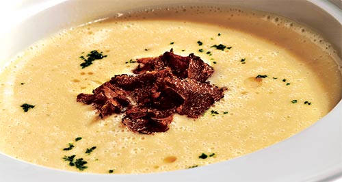 Salsify Soup with Black Truffle, Scallions and Duck Prosciutto