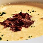 Salsify Soup With Black Truffles, Scallions And Duck Prociutto By Chef Gabriel Kreuther