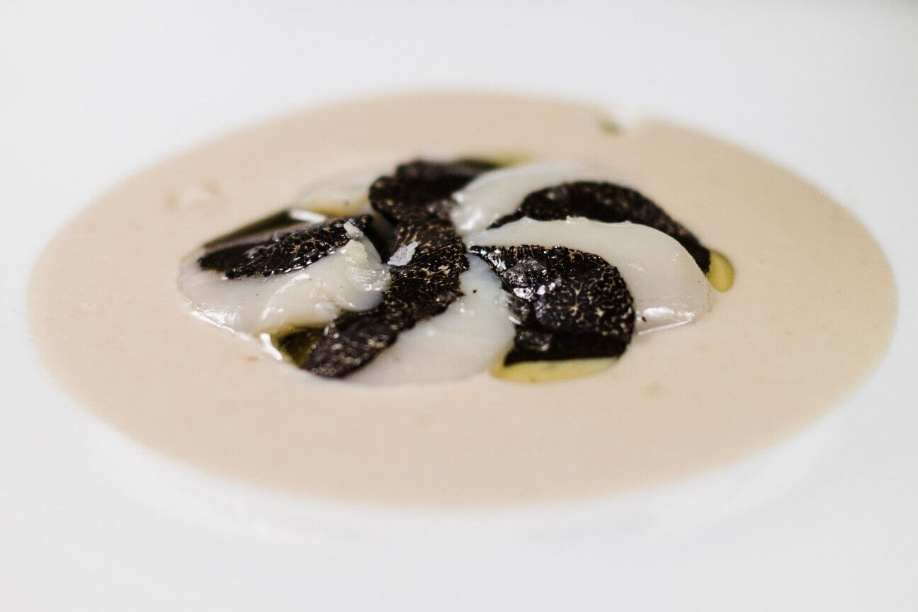 Sea Scallop Black Truffle Carpaccio with Vanilla Scented Sunchoke Mousseline ‘mi-cuit à l’instant’ with Chestnut Milk